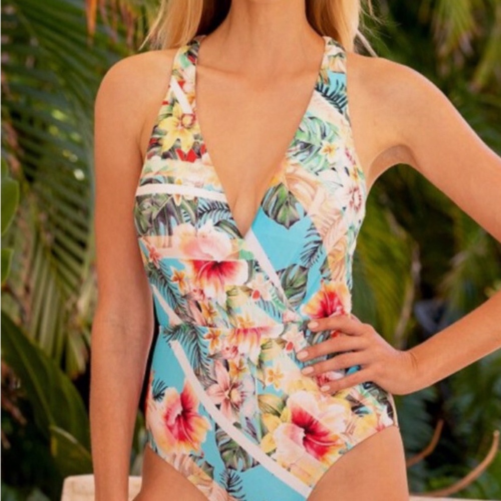Jantzen Blue and Pink One Piece Swimsuit with Floral Print | size 6